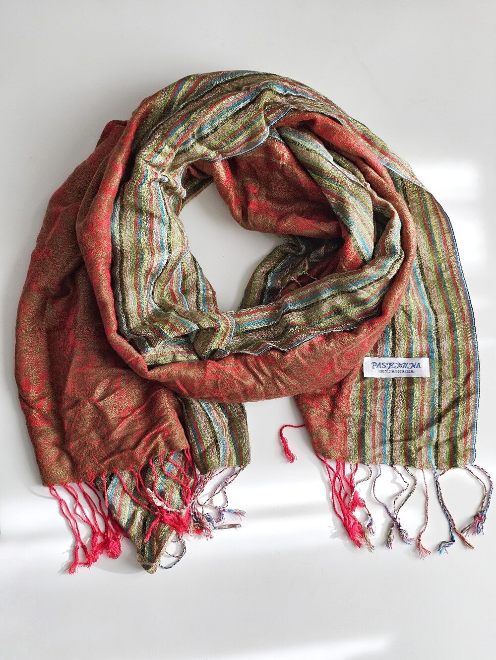 Pashmina 100% Pashmina Shawl Wrap Rust Multicolor Striped Fringe 26x70